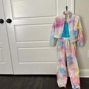 Jazz costume with built-in sequence leotard with attached pants and zip up coat
